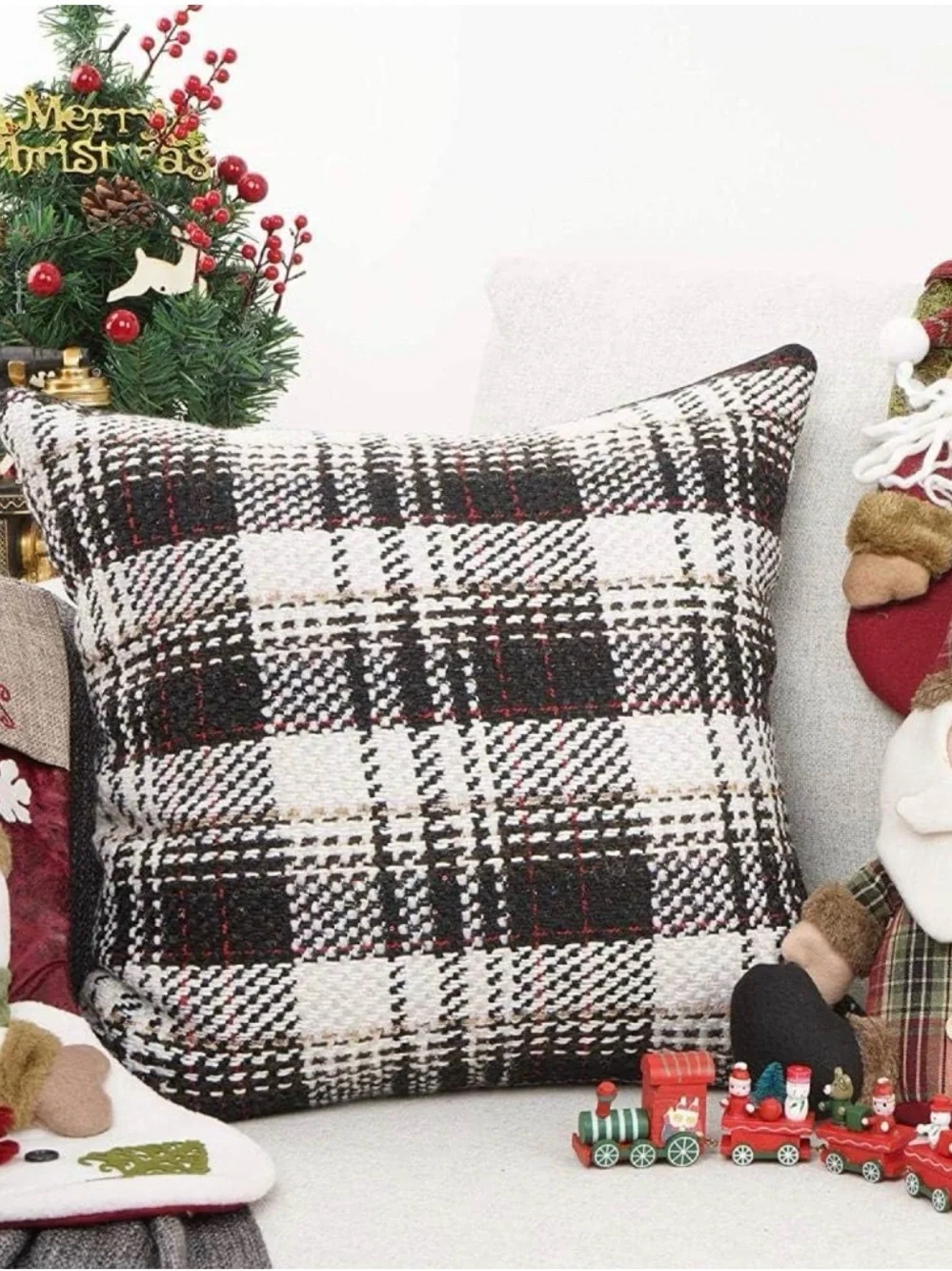New! Two Christmas Tartan Black Buffalo Plaid Decorative Throw Pillow Case
